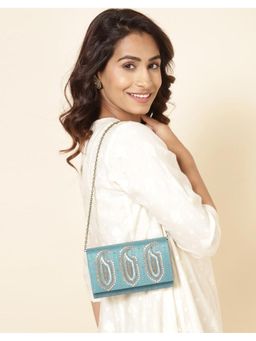 Fabindia - Blue Silk Blend Hand Embroidered Clutch with Detachable Strap (S)
