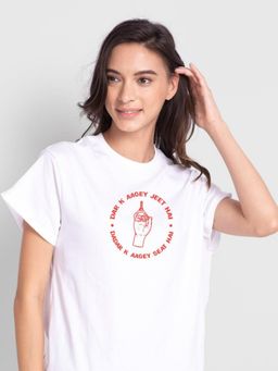 Bewakoof - Women's White Local Train Motivation Typography Boyfriend T-shirt