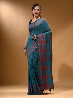 Arhi - Teal Cotton Handspun Soft Geometric Border Saree with Unstitched Blouse