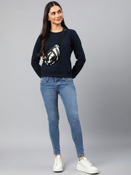 Xpose - Women Navy Solid Round Neck Sweatshirt