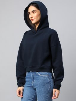 Xpose - Women Navy Crop Hooded Sweatshirt