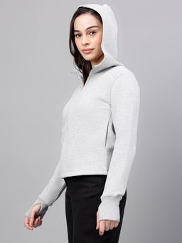Xpose - Women Stone Grey Solid Hooded Sweatshirt