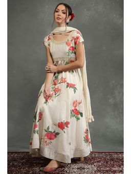 Biba - Women Cream Chanderi Silk Anarkali Kurta with Churidar and Dupatta