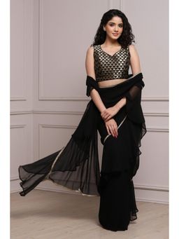 Biba - Women Black Polyester Pre Drape Saree with Stitched Blouse
