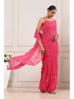 Biba - Women Pink Polyester Saree with Stitched Blouse