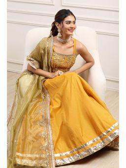 Biba - Women Yellow Cotton Blouse with Lehenga and Dupatta