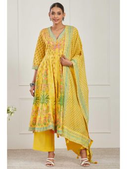 Biba - Women Yellow Cotton Kurta with Palazzo and Dupatta