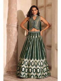 Biba - Women Green Viscose Blouse and Lehenga with Dupatta Also Jacket