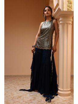 Biba - Women Blue Poly Georgette Kurti with Sharara and Dupatta