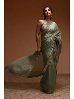 Biba - Women Turquoise Polyester Pre Drape Saree with Stitched Blouse
