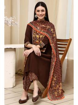 Biba - Women Brown Viscose Rayon Kurta with Pants and Dupatta