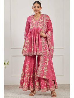 Biba - Women Pink Cotton Kurta with Sharara and Dupatta
