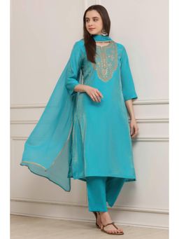 Biba - Women Turquoise Viscose Blend Kurta with Pant and Dupatta