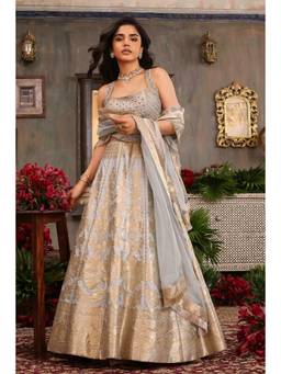 Biba - Women Blue Cotton Blouse with Lehenga and Dupatta