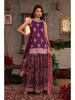 Biba - Women Purple Chanderi Silk Kurta with Sharara and Dupatta