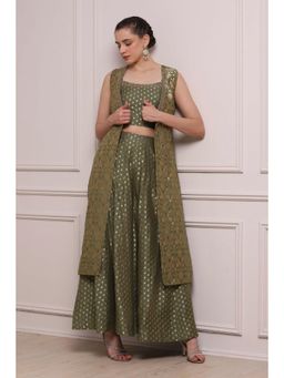 Biba - Women Green Polyester Kurta with Jacket and Palazzo