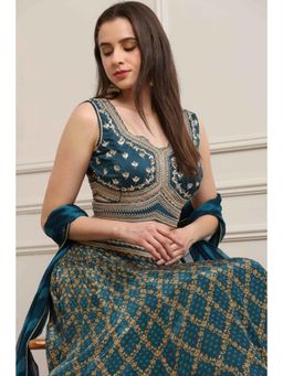 Biba - Women Teal Chanderi Silk Blouse with Lehenga and Dupatta