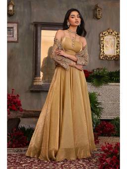 Biba - Women Gold Polyester Blouse with Jacket and Lehnga