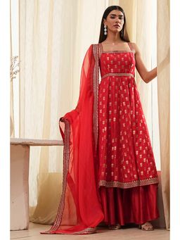 Biba - Women Red Viscose Blend Kurta with Sharara and Dupatta
