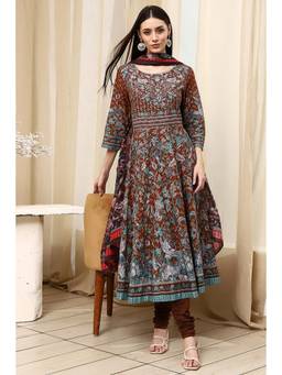 Biba - Women Brown Cotton Anarkali Kurta with Churidar and Dupatta