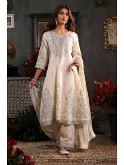 Biba - Women Off White Cotton Blend Kurta with Palazzo and Dupatta