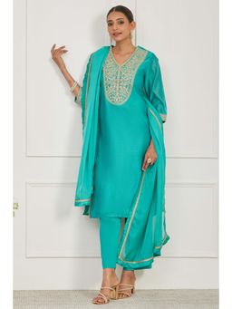 Biba - Women Turquoise Cotton Blend Kurta with Pant and Dupatta