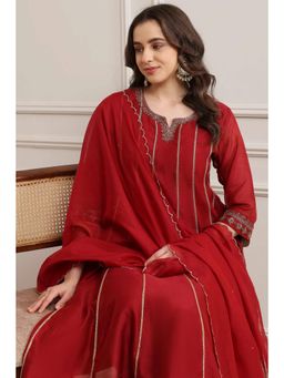 Biba - Women Red Chanderi Silk Kurta with Palazzo and Dupatta