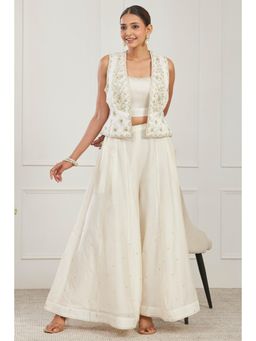 Biba - Women White Chanderi Silk Top and Palazzos with Jacket