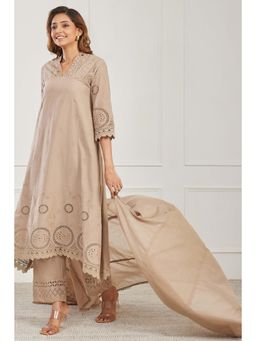 Biba - Women Beige Cotton Kurta with Palazzo and Dupatta