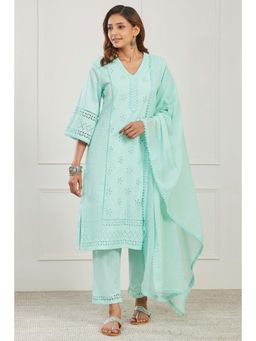 Biba - Women Blue Cotton Kurta with Pants and Dupatta