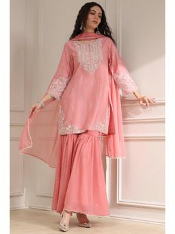 Biba - Women Pink Cotton Blend Kurta with Sharara and Dupatta