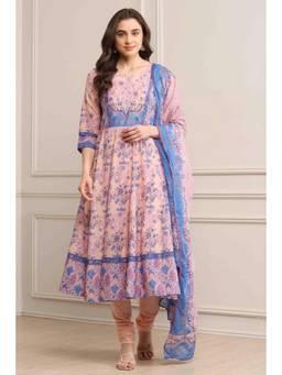 Biba - Women Blue Cotton Anarkali Kurta with Churidar and Dupatta