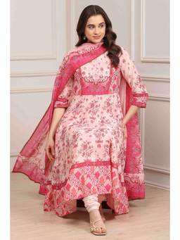 Biba - Women Pink Cotton Anarkali Kurta with Churidar and Dupatta
