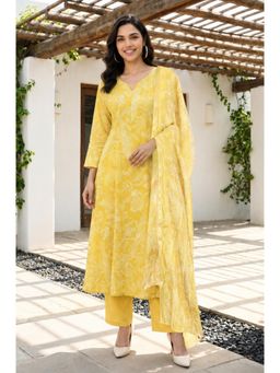 W - Yellow Cotton Kurta with Pant and Dupatta