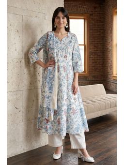 W - Off White Pure Cotton Kurta with Pant and Dupatta