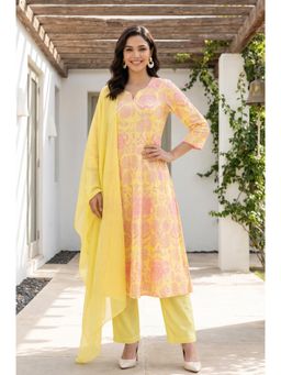 W - Yellow Cotton Kurta with Pant and Dupatta