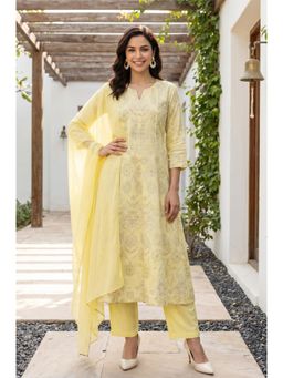 W - Yellow Cotton Flex Kurta with Pant and Dupatta