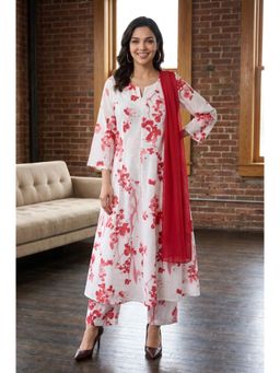 W - Red Pure Cotton Kurta with Pant and Dupatta