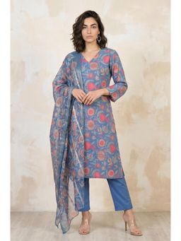 W - Blue Rayon Kurta with Pant and Dupatta