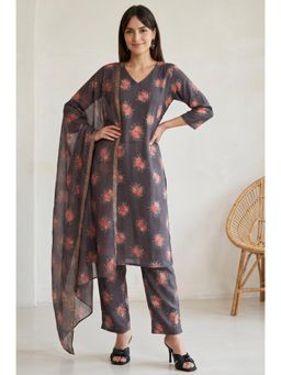 W - Charcoal Rayon Kurta with Pant and Dupatta