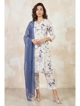 W - Off White Pure Cotton Kurta with Pant and Dupatta