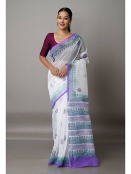 Unnati Silks - White Banarasi Block Printed Cotton Silk Saree with Unstitched Blouse
