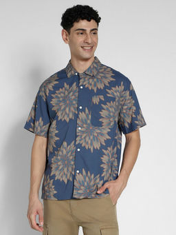 American Eagle - Men Navy Blue Floral Button-Up Shirt