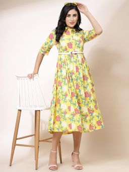 Rama's - Women Yellow Color Printed Midi Dress