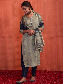 Indya - Green Floral Print Rayon Kurta With Pants And Dupatta (Set of 3)