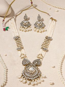 Zaveri Pearls - White Antique Gold Tone Stones Multistrand Jewellery Set