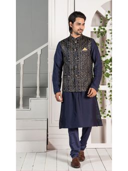 KISAH - Men Navy Blue Kurta Jacket Set (Set of 3)