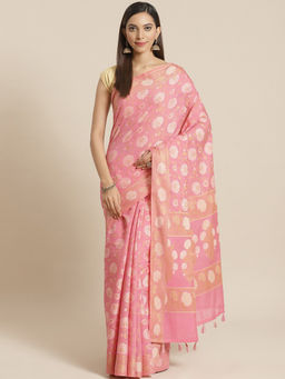Indethnic - Banarasi Pink Woven Design Work Wear Saree With Unstitched Blouse