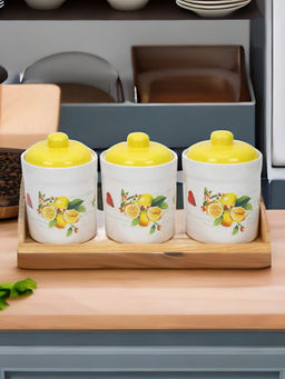 At Home by Nilkamal - Vintage Wooden Tray With Ceramic Jars|33.5 x 14 cm|White & Yellow