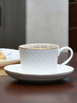 At Home by Nilkamal - Jaisalmer Ripple 230 ml Cup & Saucer Set of 6 White